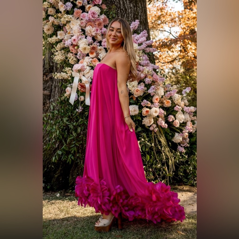 Pink Strapless Flare Feather Hem Gown
